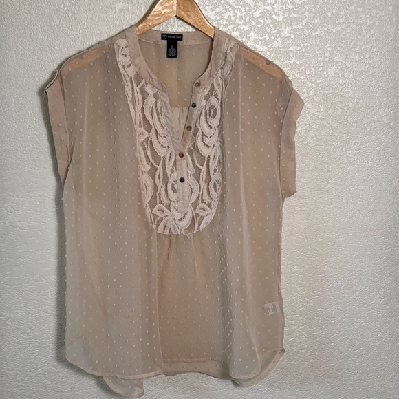 New Direction Women’s Large Tan Top Short Sleeve Sheer V Neck‎ Swiss Dot Lace - Picture 1 of 6